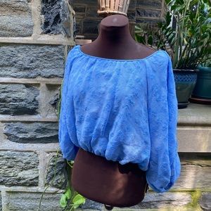 Zara Baby Blue Jacquard Print puff sleeve Bardot top Size Small